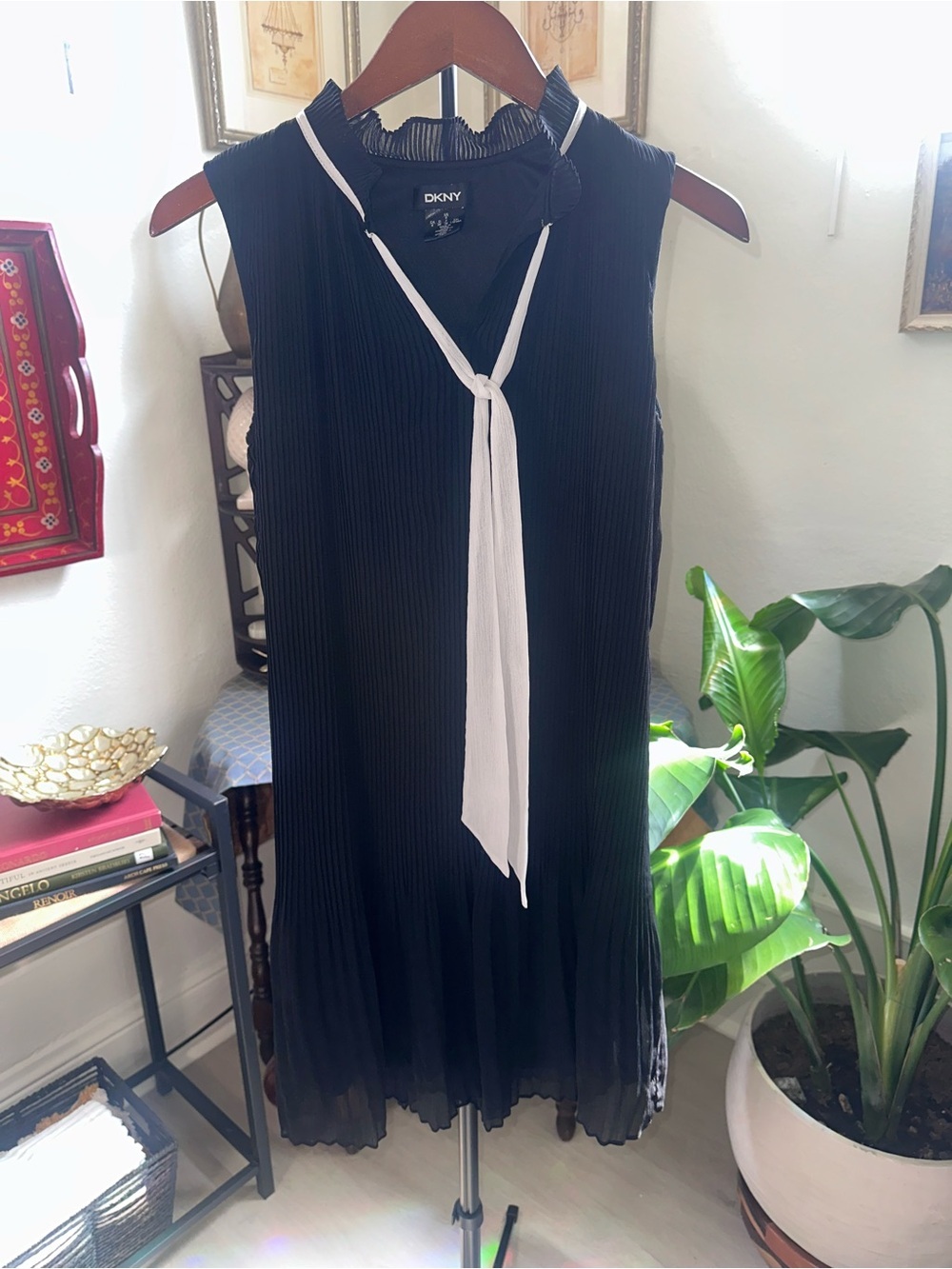 DKNY Black Dress with Cream Bow Neck Tie